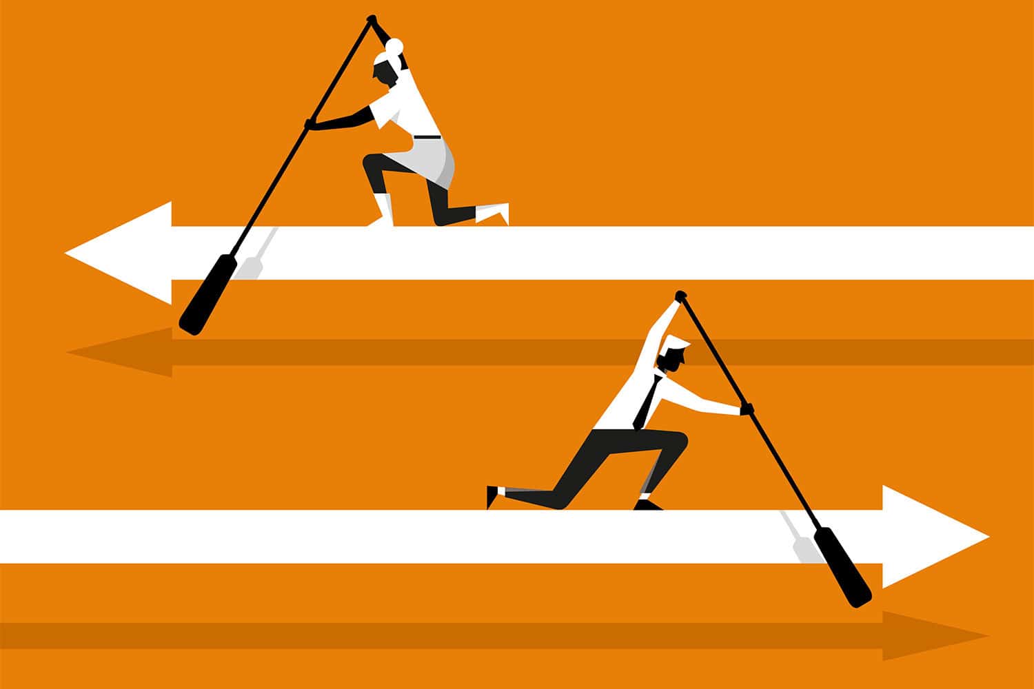 graphic of cartoon figures rowing with long black paddles while crouched on white arrows going in opposite directions against an orange backdrop