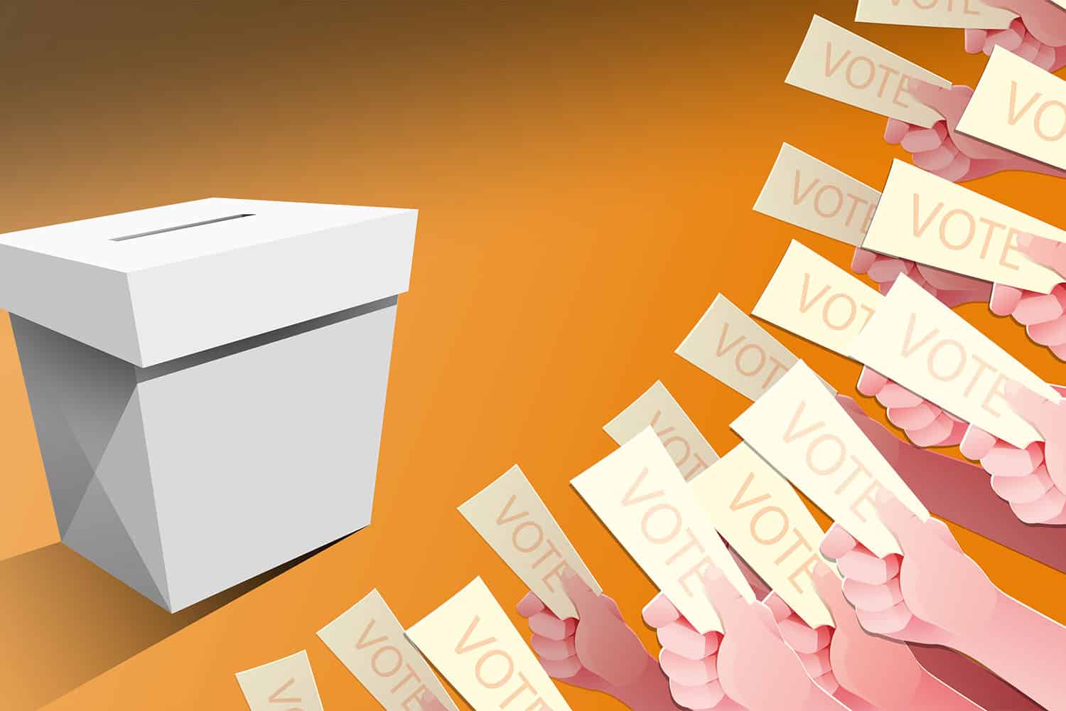 graphic of cartoon hands holding pieces of paper labelled ‘vote’ in front of ballot box
