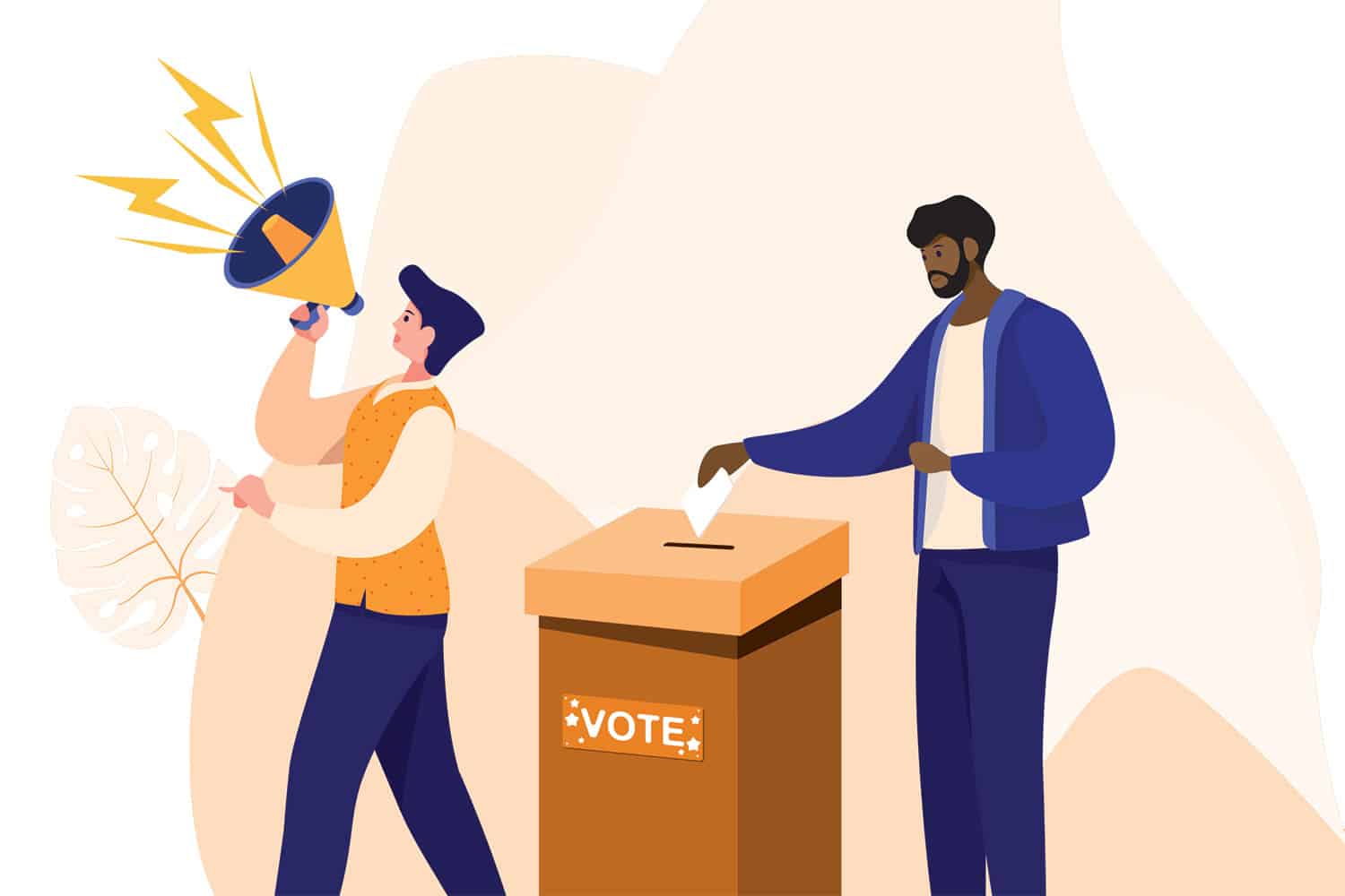 graphic of one figure using a loud speaker and another posting a voting slip in a ballot box