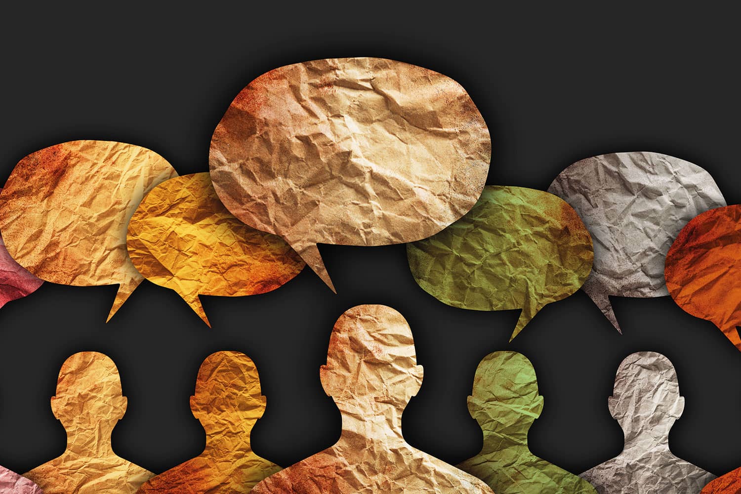 : graphic of paper cut-outs of talking heads in different colours, with speech bubbles above