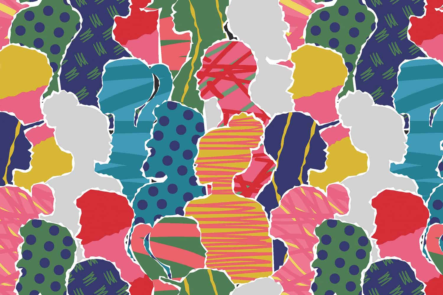 cut-outs of different men and women’s heads and shoulders, each filled with different colours and pattens of stripes, spots, bands and squiggles